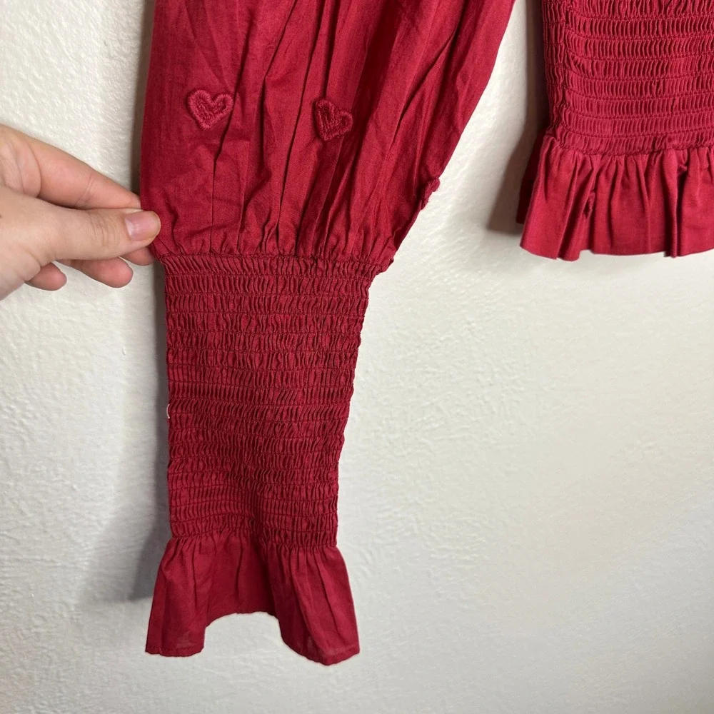 FARM Rio 3D Heart Smocked Blouse Size XS Red Embroidered Puff Sleeve Ruffle‎ Top